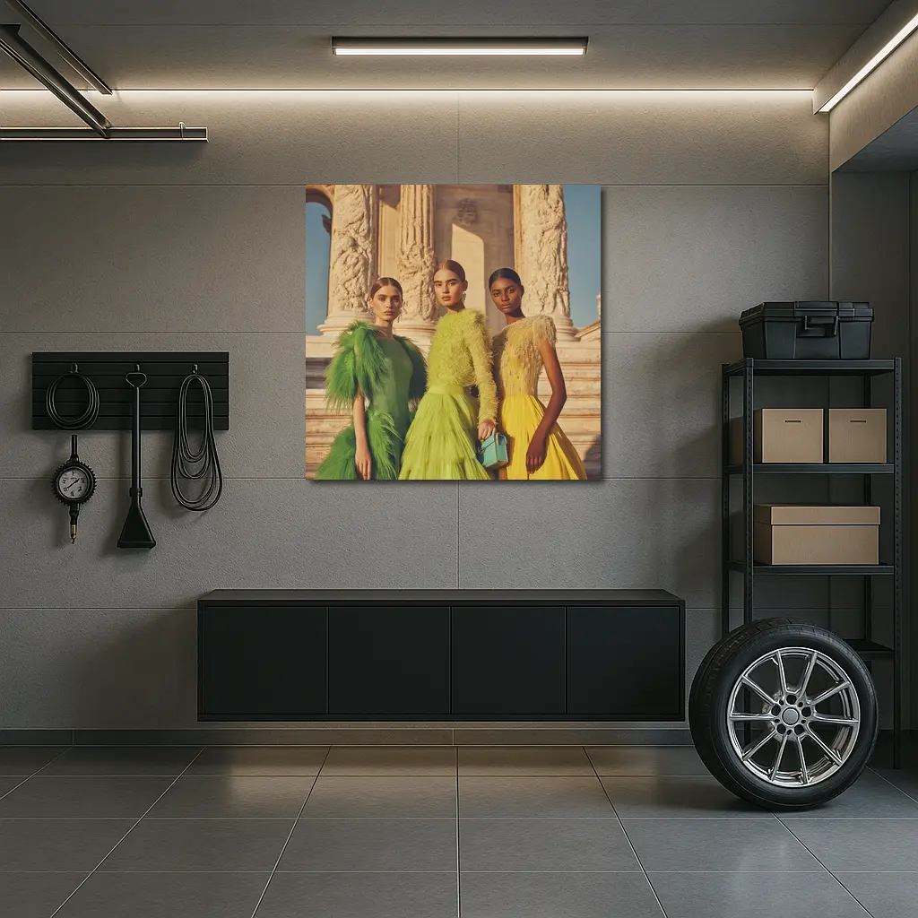 Fashion Models Green Yellow Dresses Ancient Columns – Wall Art