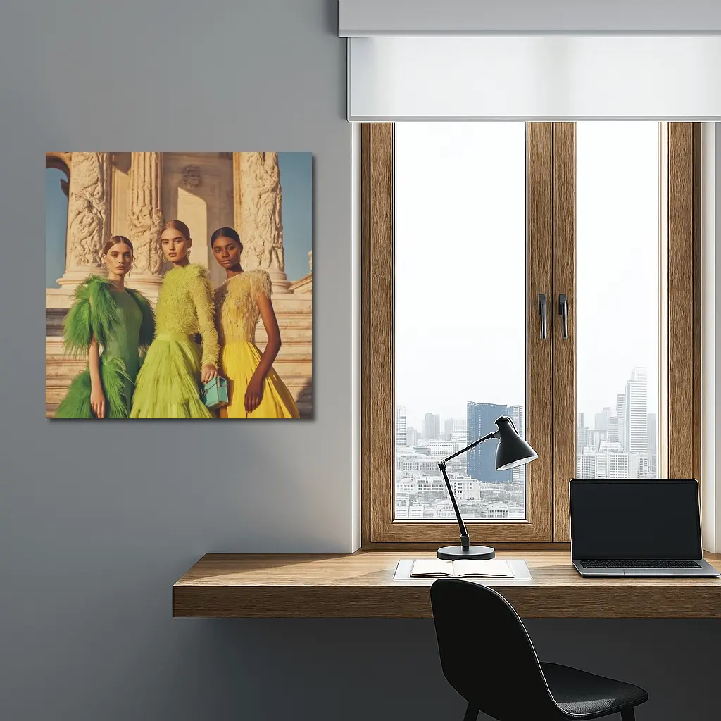 Fashion Models Green Yellow Dresses Ancient Columns – Wall Art
