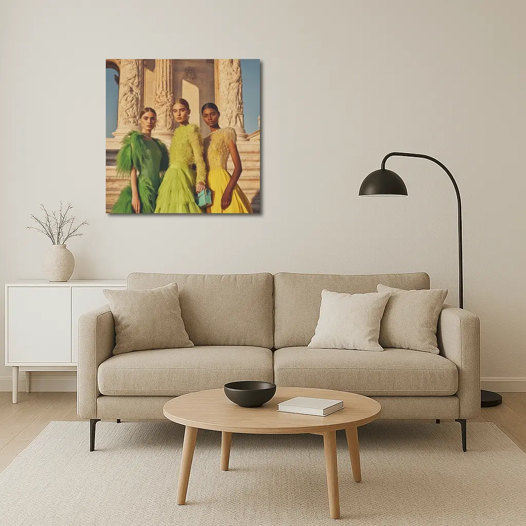 Fashion Models Green Yellow Dresses Ancient Columns – Wall Art