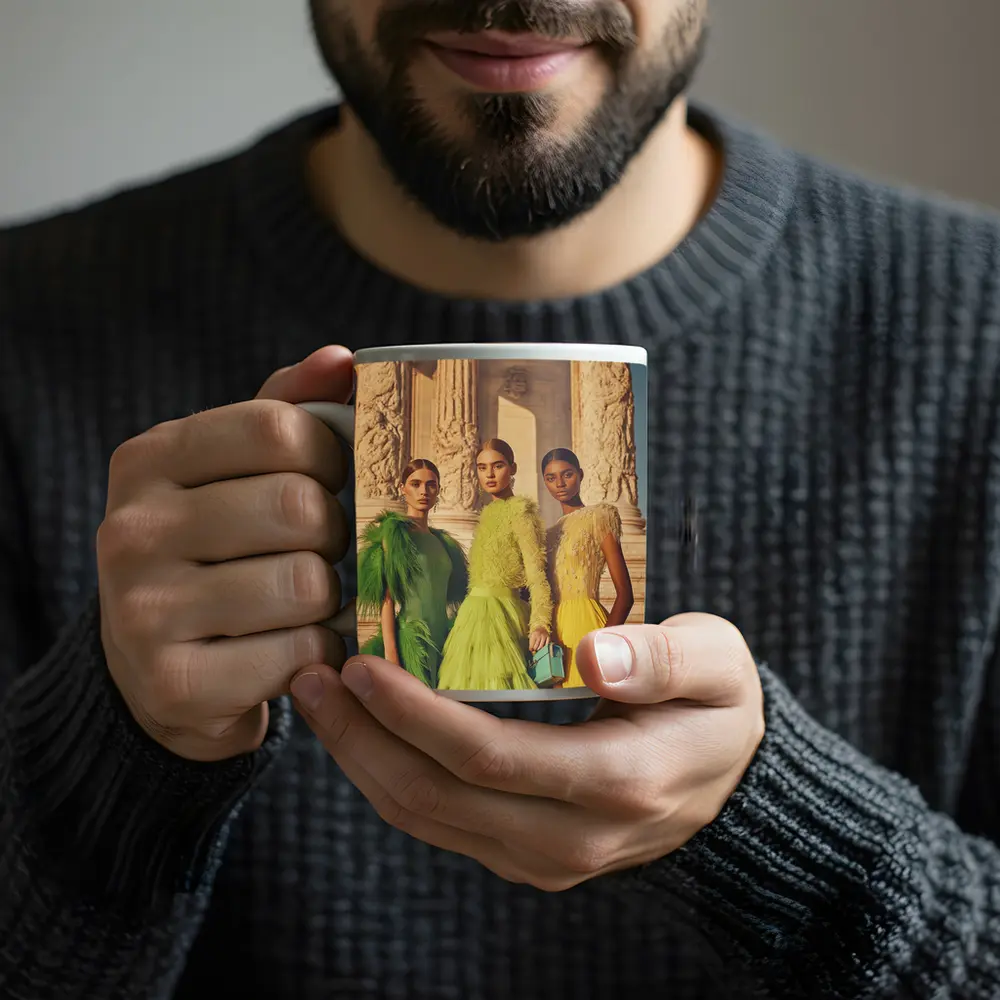Fashion Models Green Yellow Dresses Ancient Columns – Mugs