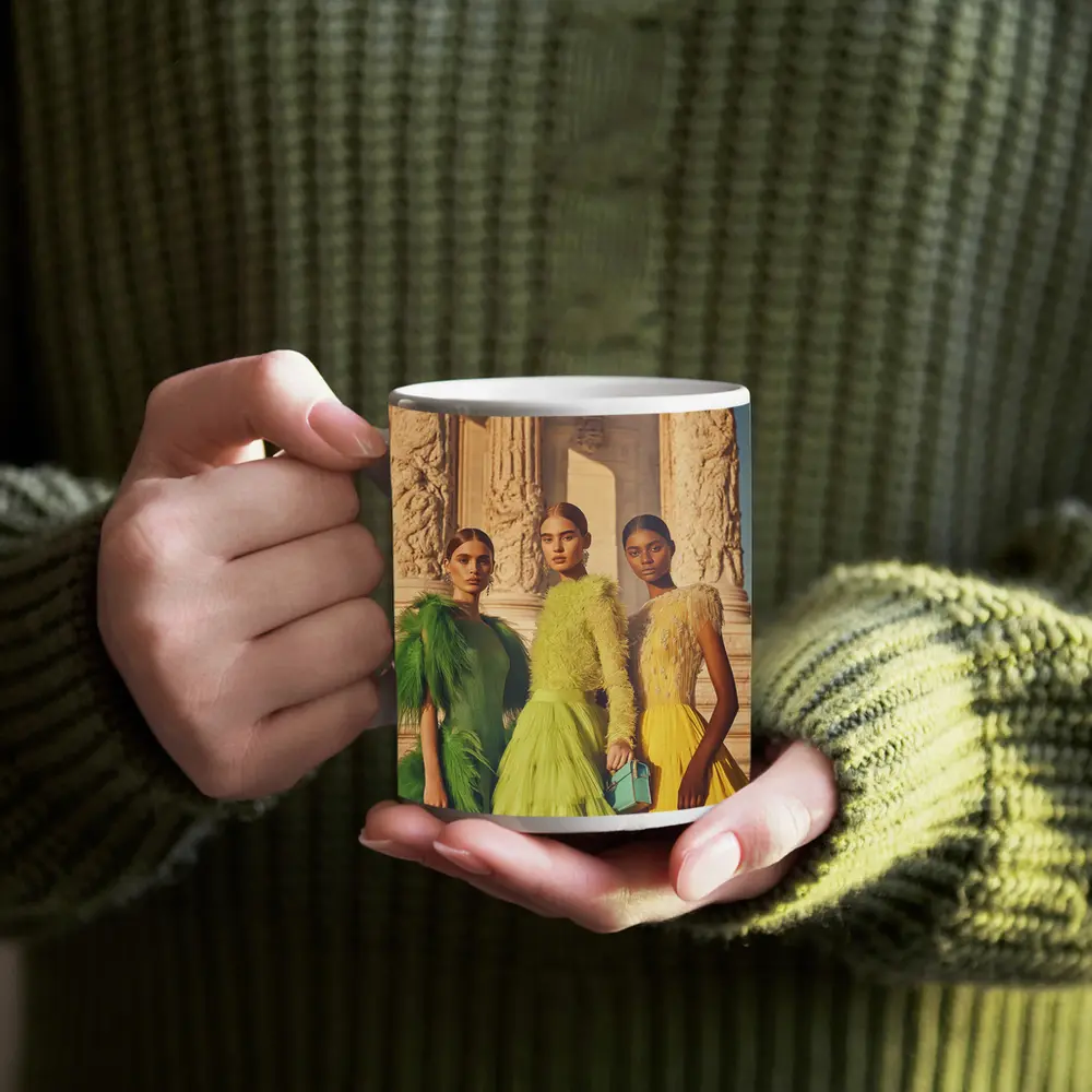 Fashion Models Green Yellow Dresses Ancient Columns – Mugs