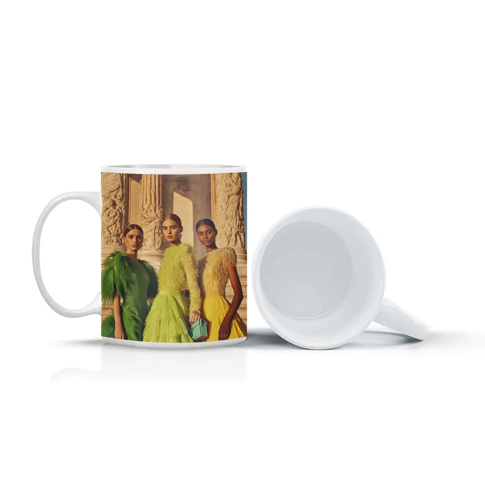 Fashion Models Green Yellow Dresses Ancient Columns – Mugs