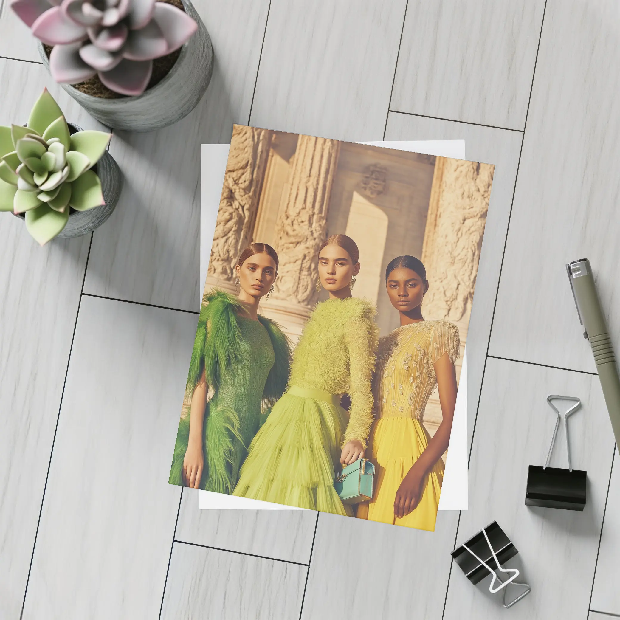 Fashion Models Green Yellow Dresses Ancient Columns – Postcards