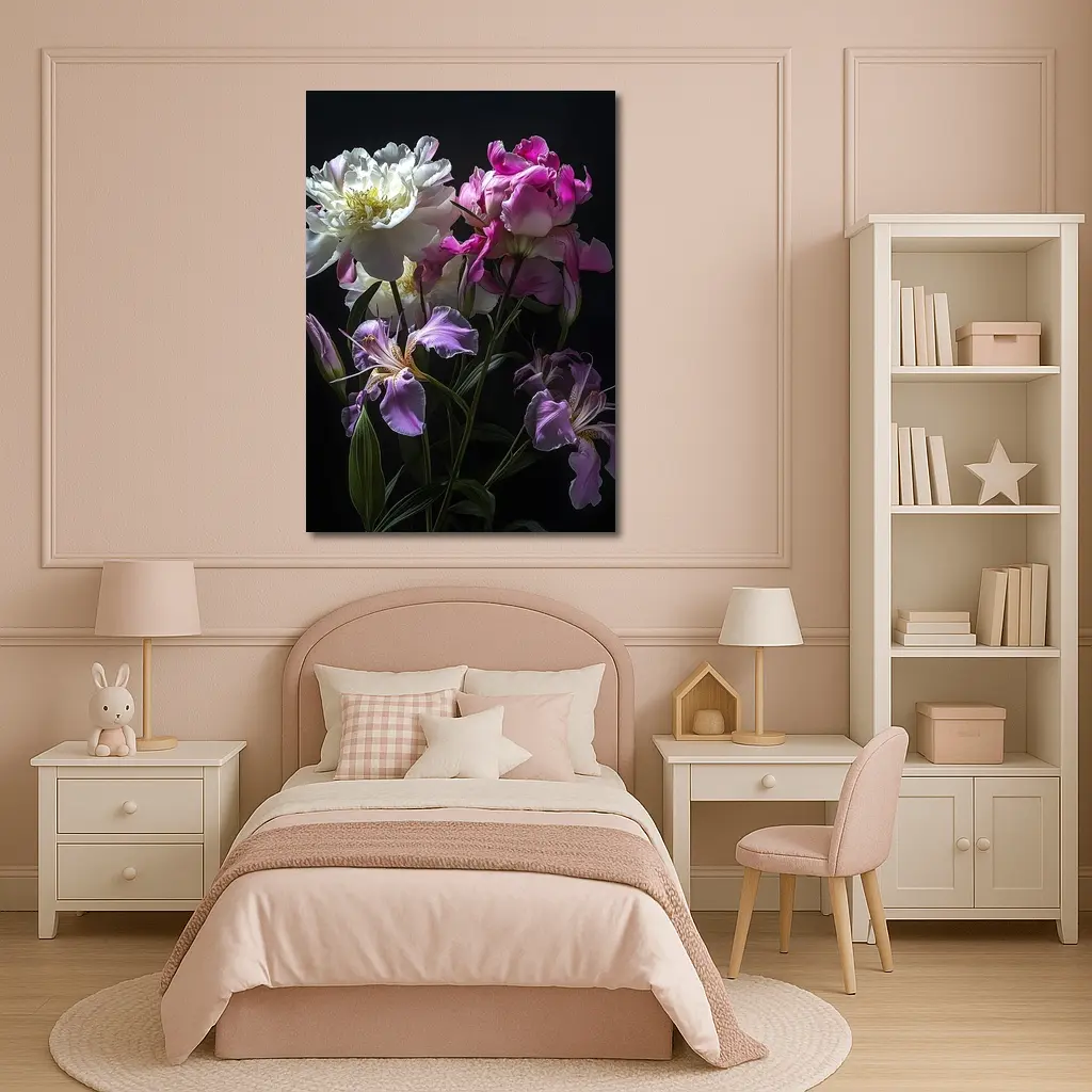 Peonies and Iris Flowers Dark Background – Wall Art