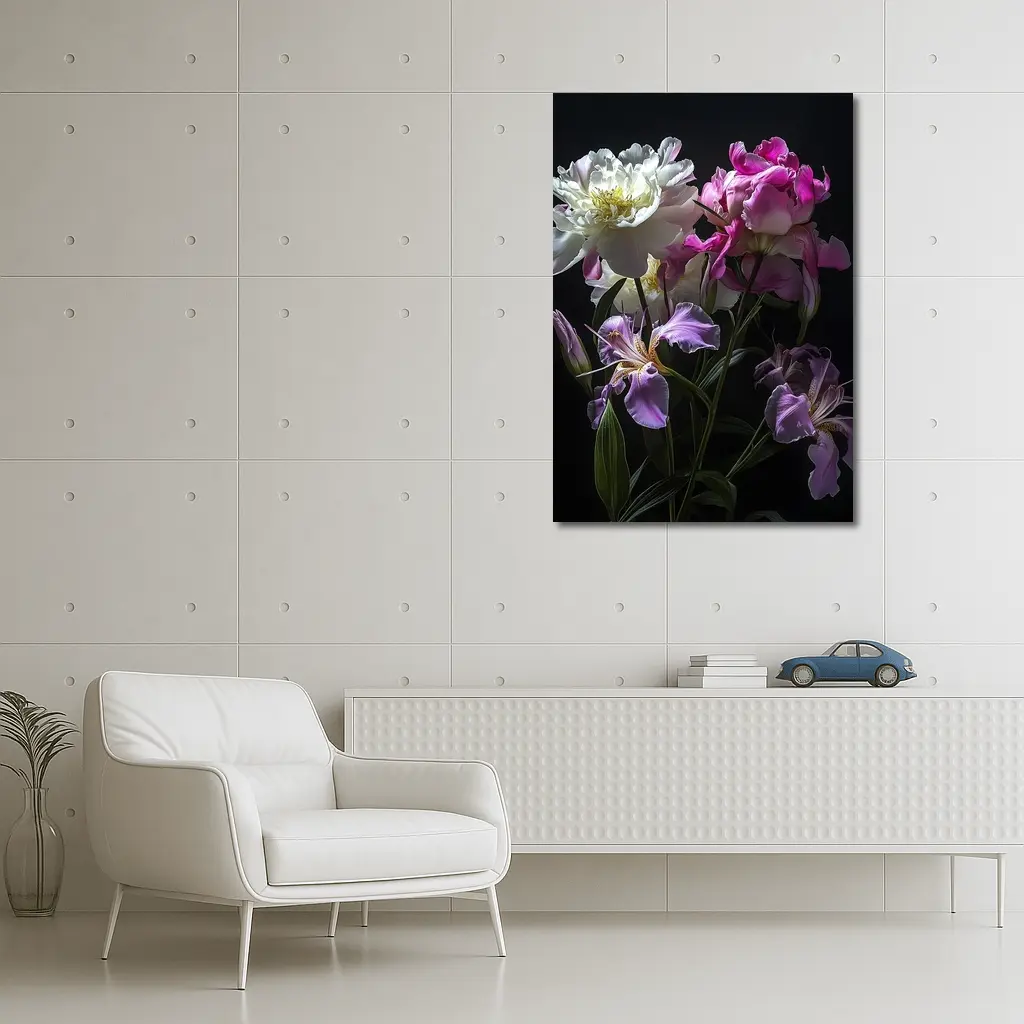 Peonies and Iris Flowers Dark Background – Wall Art