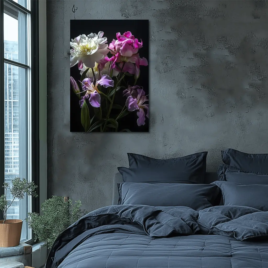 Peonies and Iris Flowers Dark Background – Wall Art