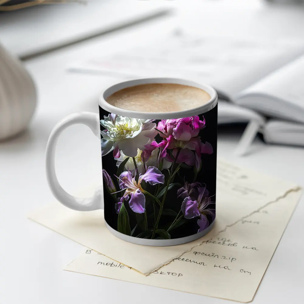 Peonies and Iris Flowers Dark Background – Mugs