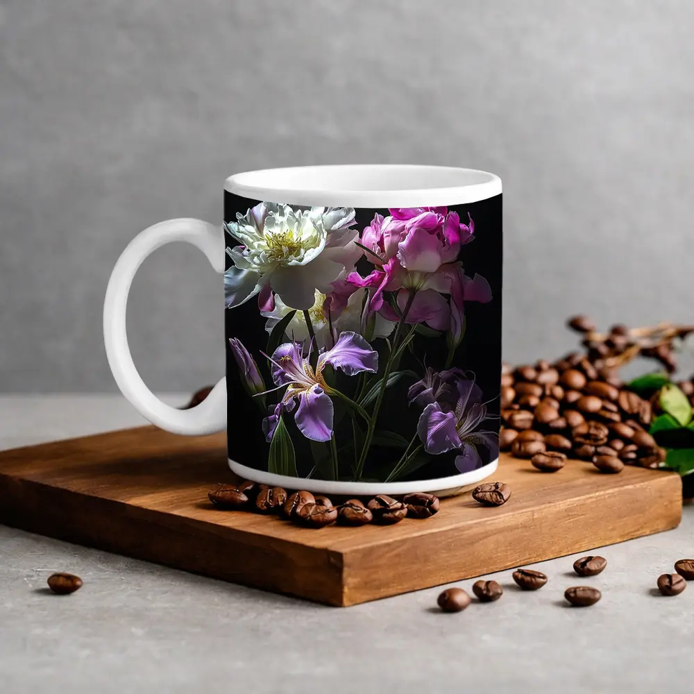 Peonies and Iris Flowers Dark Background – Mugs