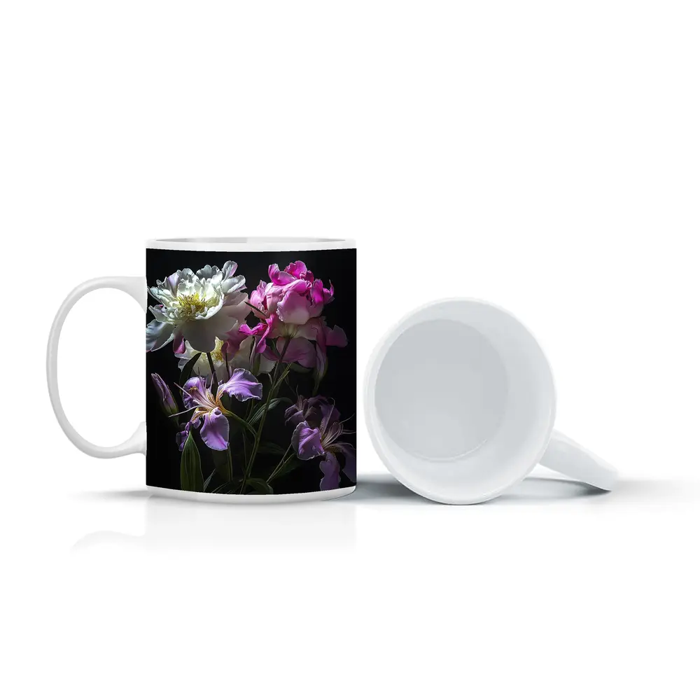 Peonies and Iris Flowers Dark Background – Mugs