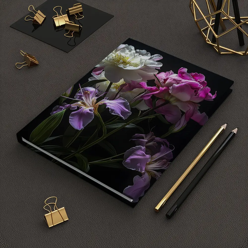 Peonies and Iris Flowers Dark Background – Notebooks