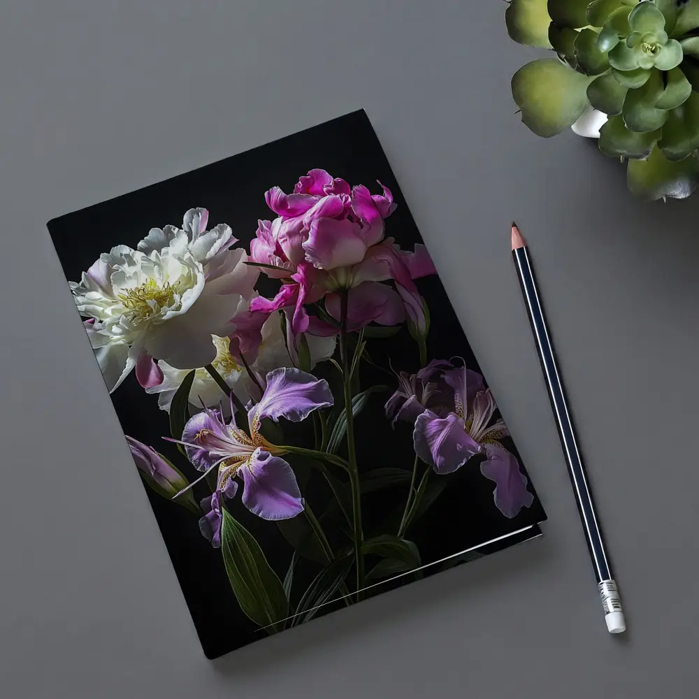 Peonies and Iris Flowers Dark Background – Notebooks