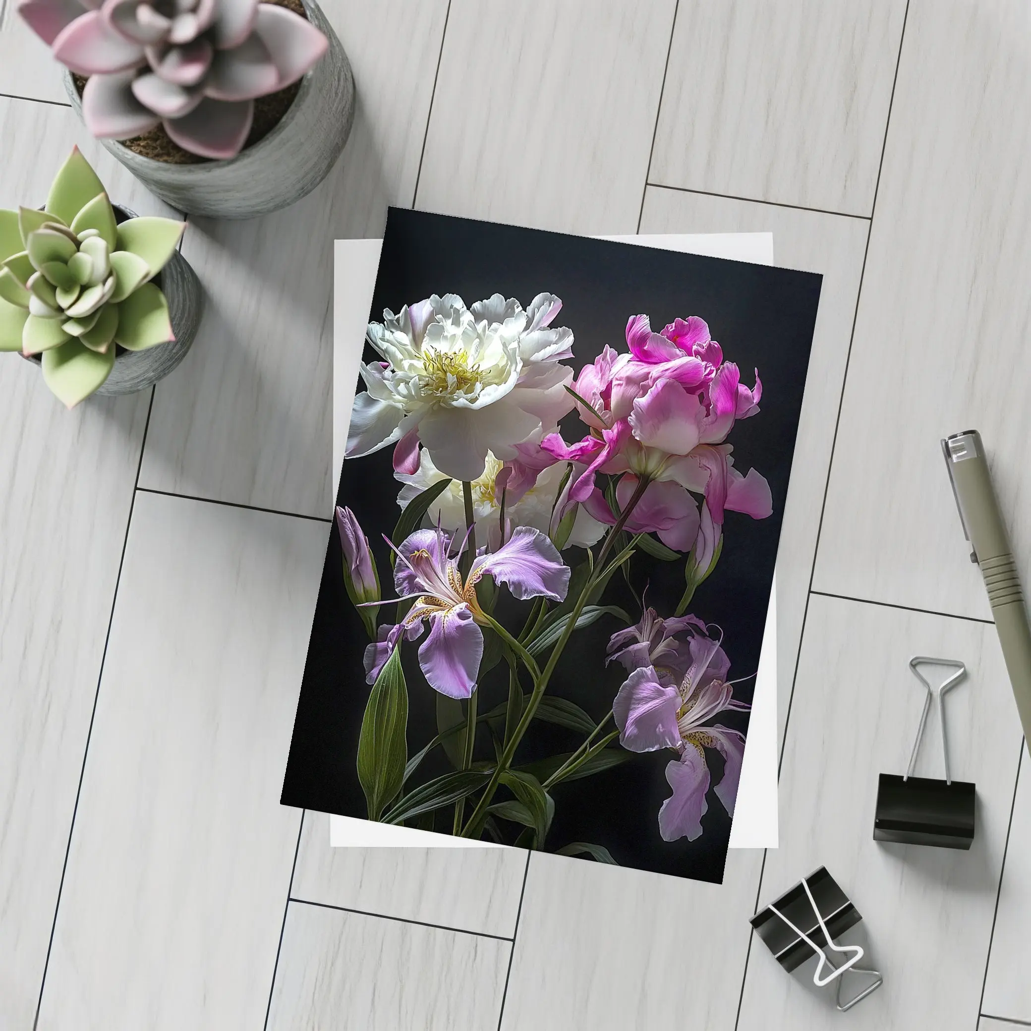 Peonies and Iris Flowers Dark Background – Postcards