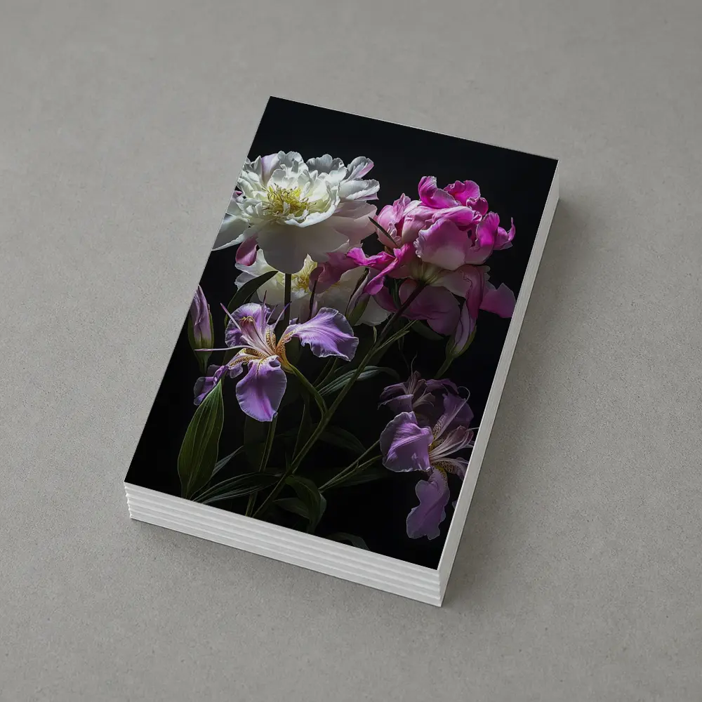 Peonies and Iris Flowers Dark Background – Postcards