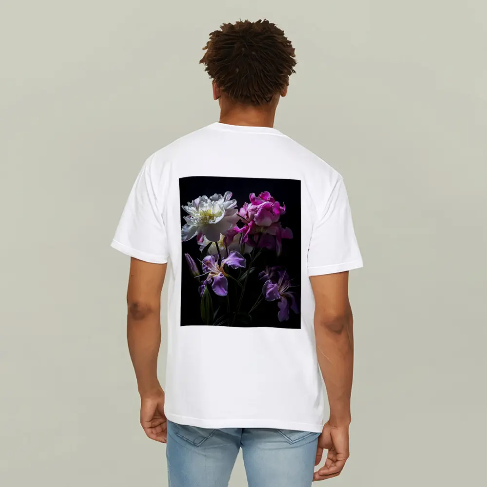 Peonies and Iris Flowers Dark Background – T-Shirts