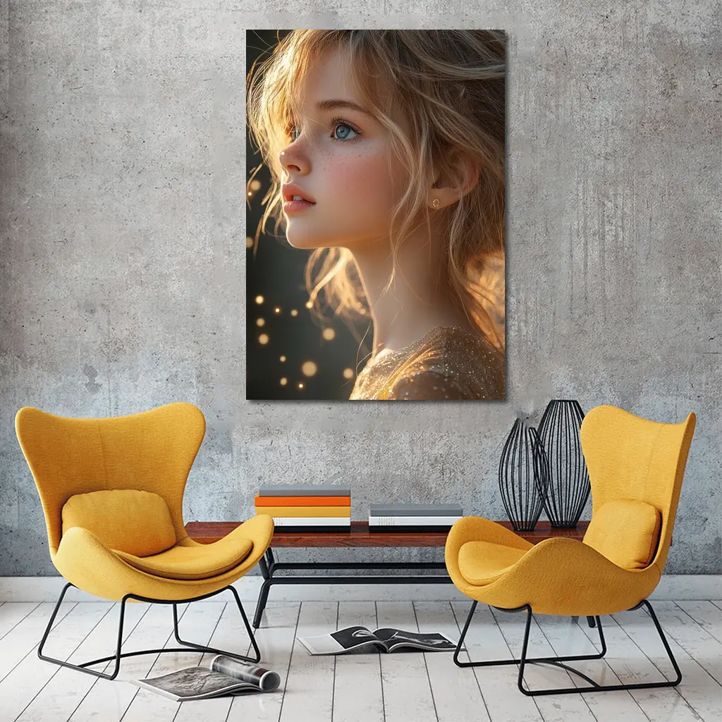 Young Girl Portrait Golden Bokeh Light – Wall Art