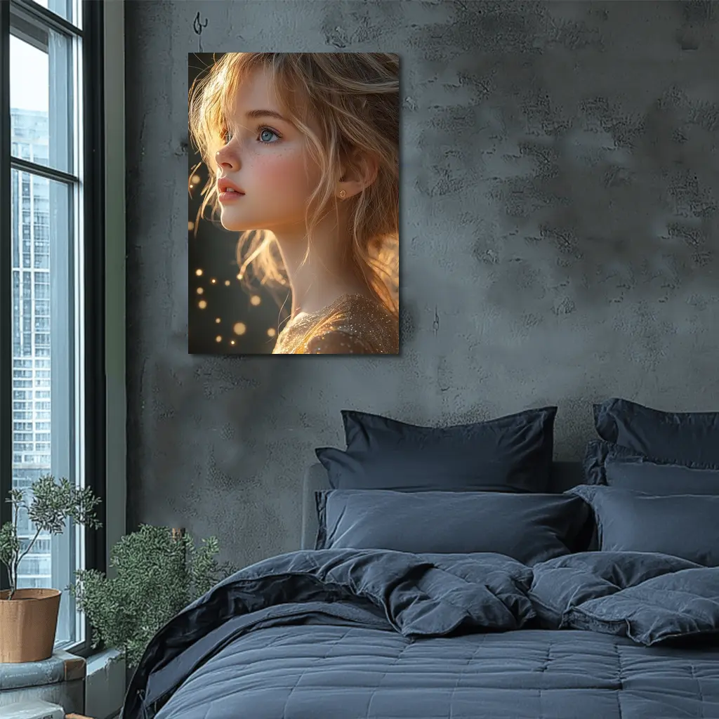 Young Girl Portrait Golden Bokeh Light – Wall Art