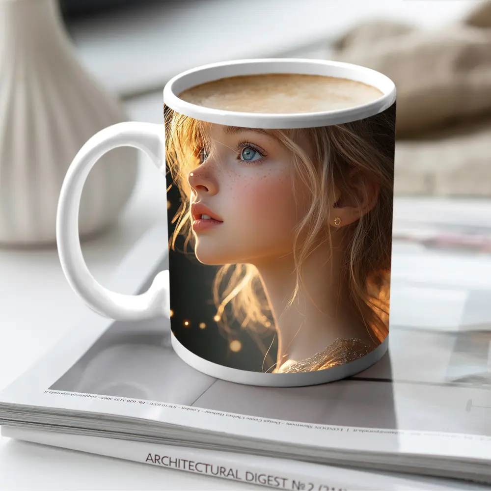 Young Girl Portrait Golden Bokeh Light – Mugs