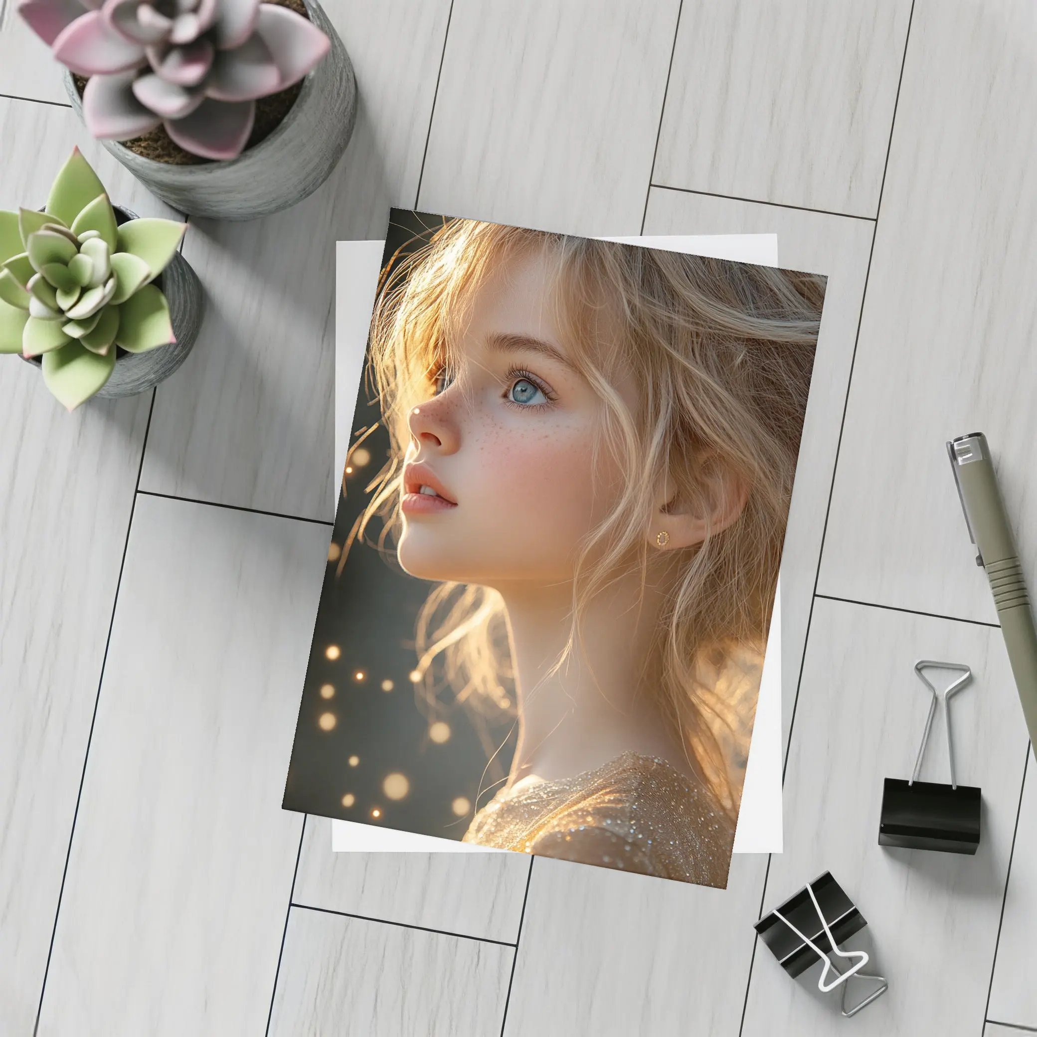 Young Girl Portrait Golden Bokeh Light – Postcards