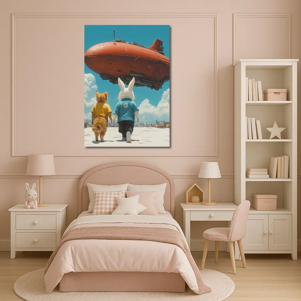 Cat Rabbit Duo Watching Red Airship Sky – Wall Art