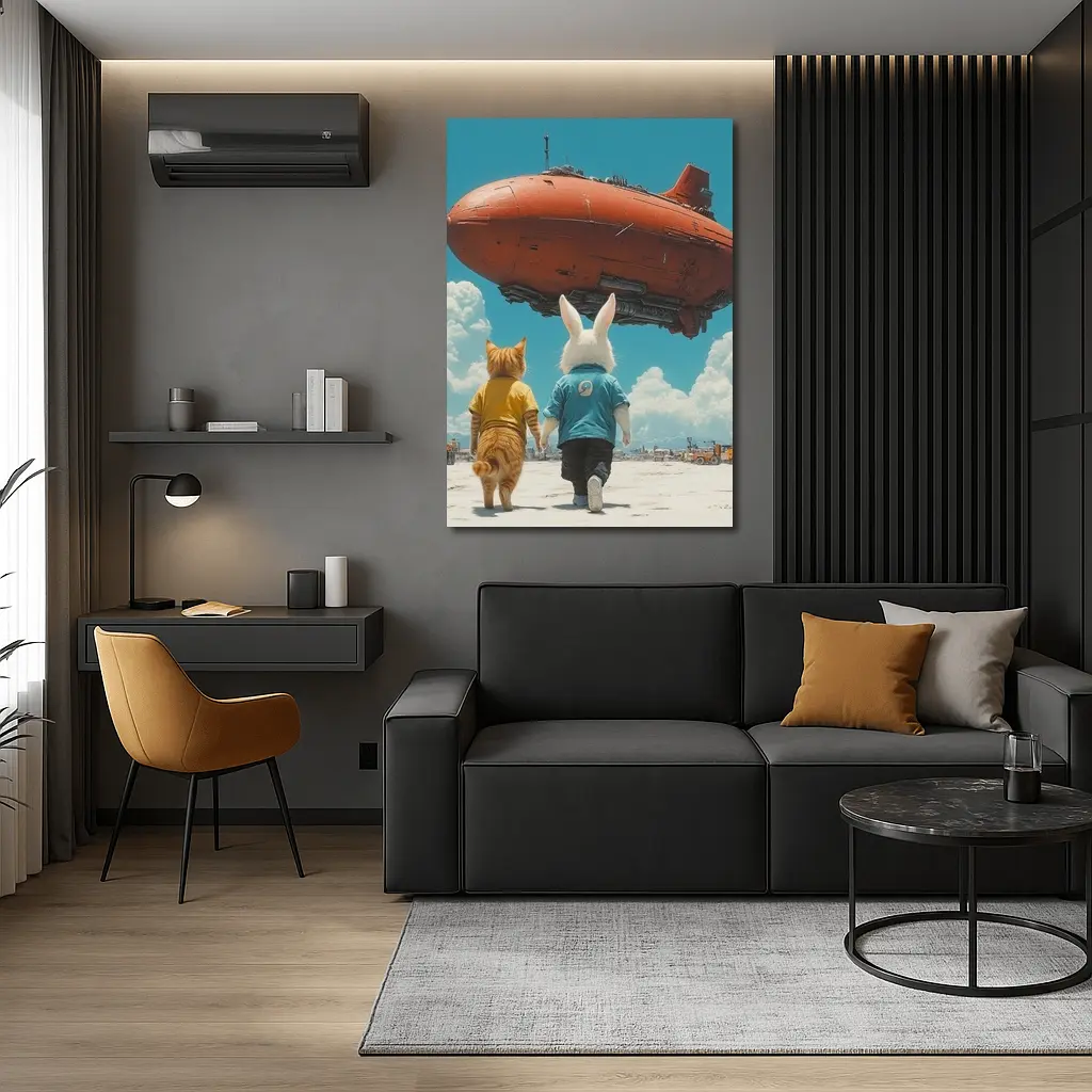 Cat Rabbit Duo Watching Red Airship Sky – Wall Art