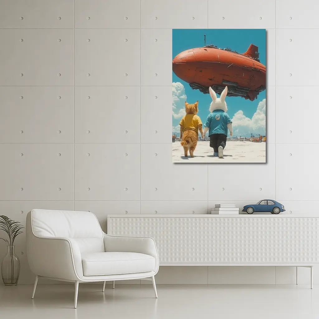 Cat Rabbit Duo Watching Red Airship Sky – Wall Art