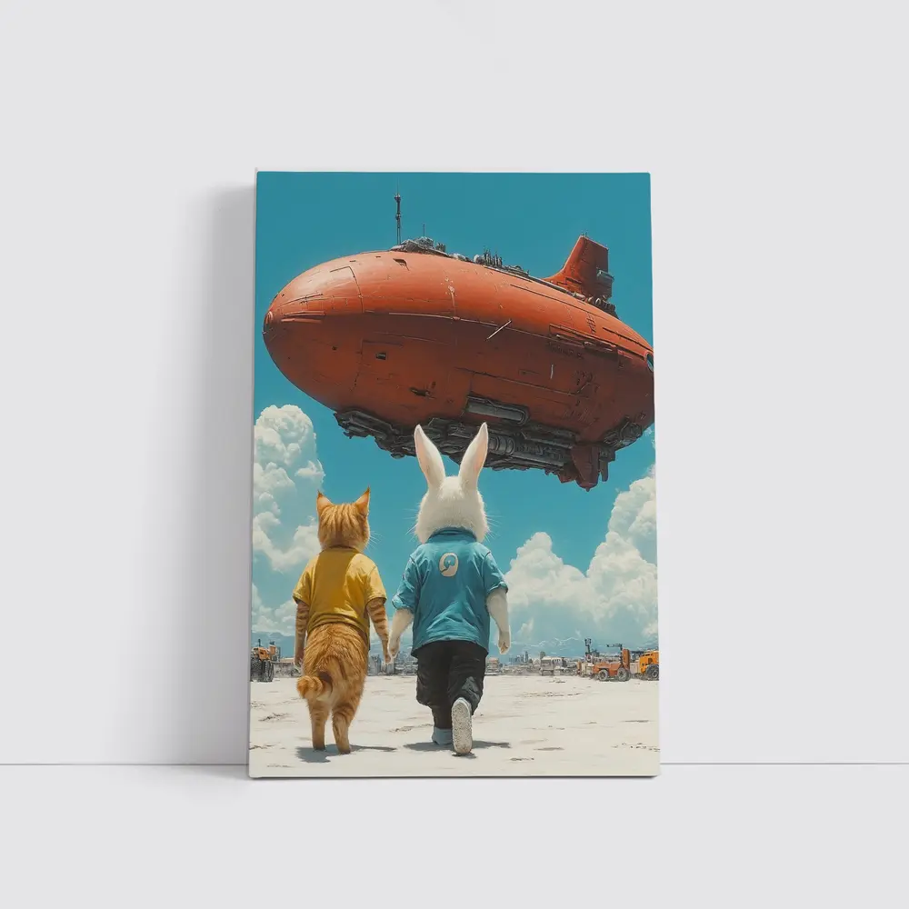 Cat Rabbit Duo Watching Red Airship Sky – Wall Art