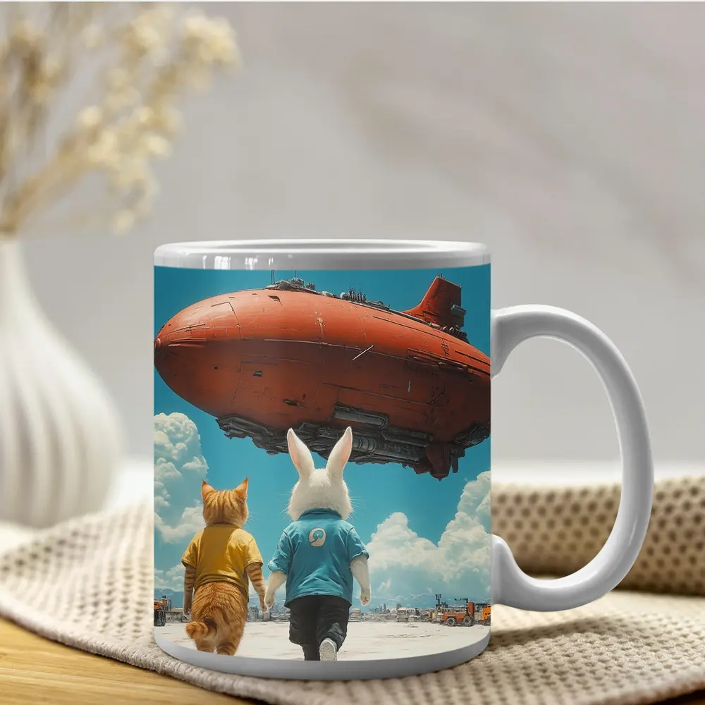 Cat Rabbit Duo Watching Red Airship Sky – Mugs