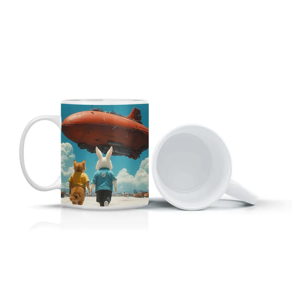 Cat Rabbit Duo Watching Red Airship Sky – Mugs