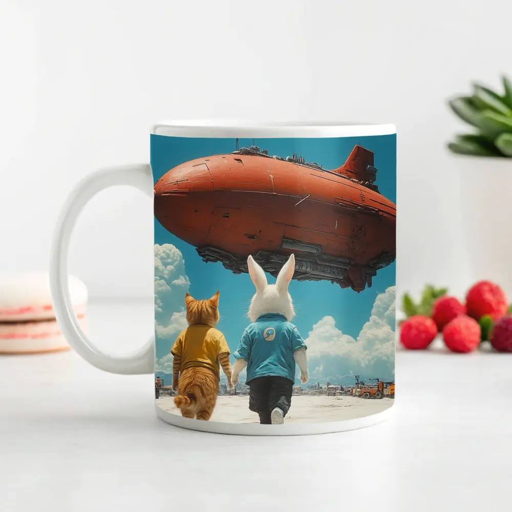 Cat Rabbit Duo Watching Red Airship Sky – Mugs