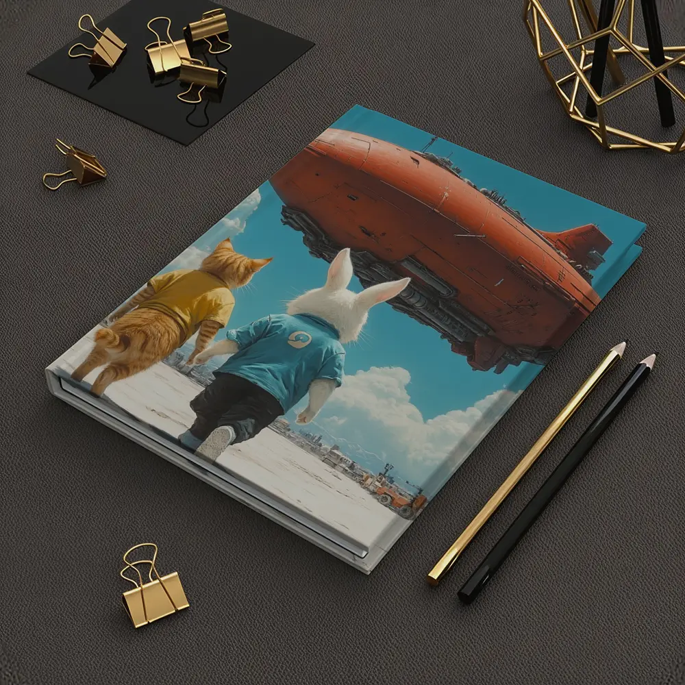 Cat Rabbit Duo Watching Red Airship Sky – Notebooks