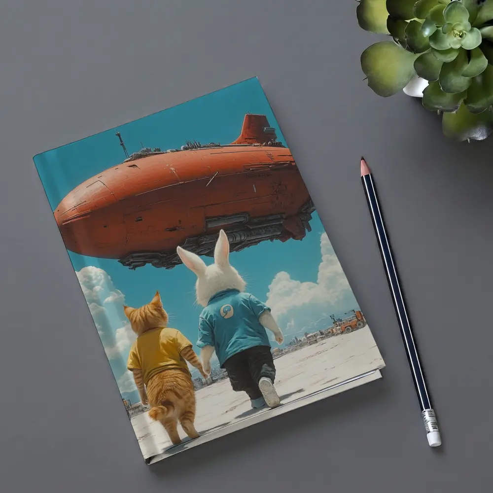 Cat Rabbit Duo Watching Red Airship Sky – Notebooks