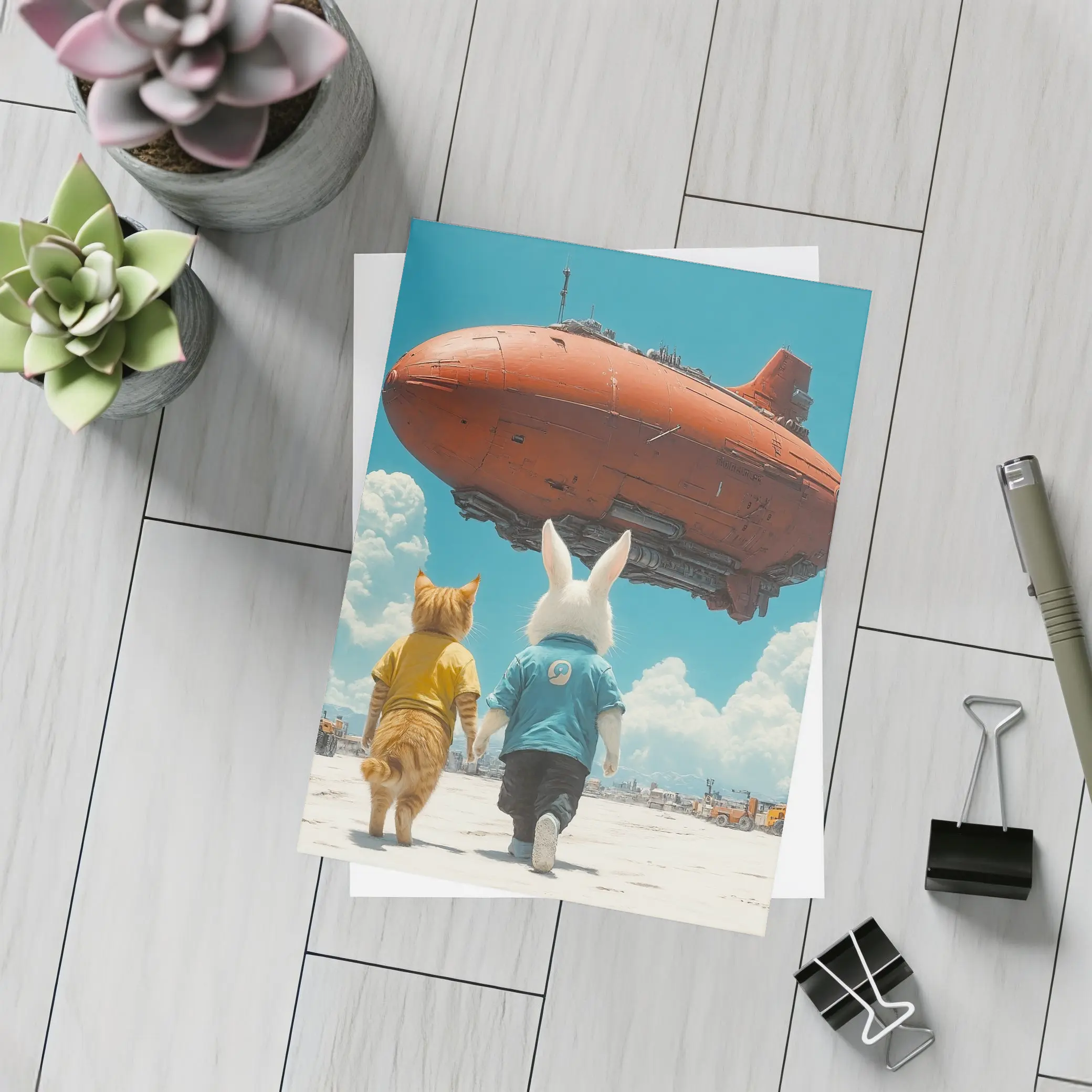 Cat Rabbit Duo Watching Red Airship Sky – Postcards