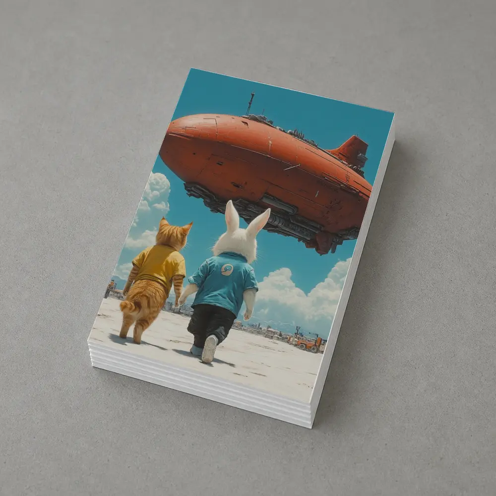 Cat Rabbit Duo Watching Red Airship Sky – Postcards