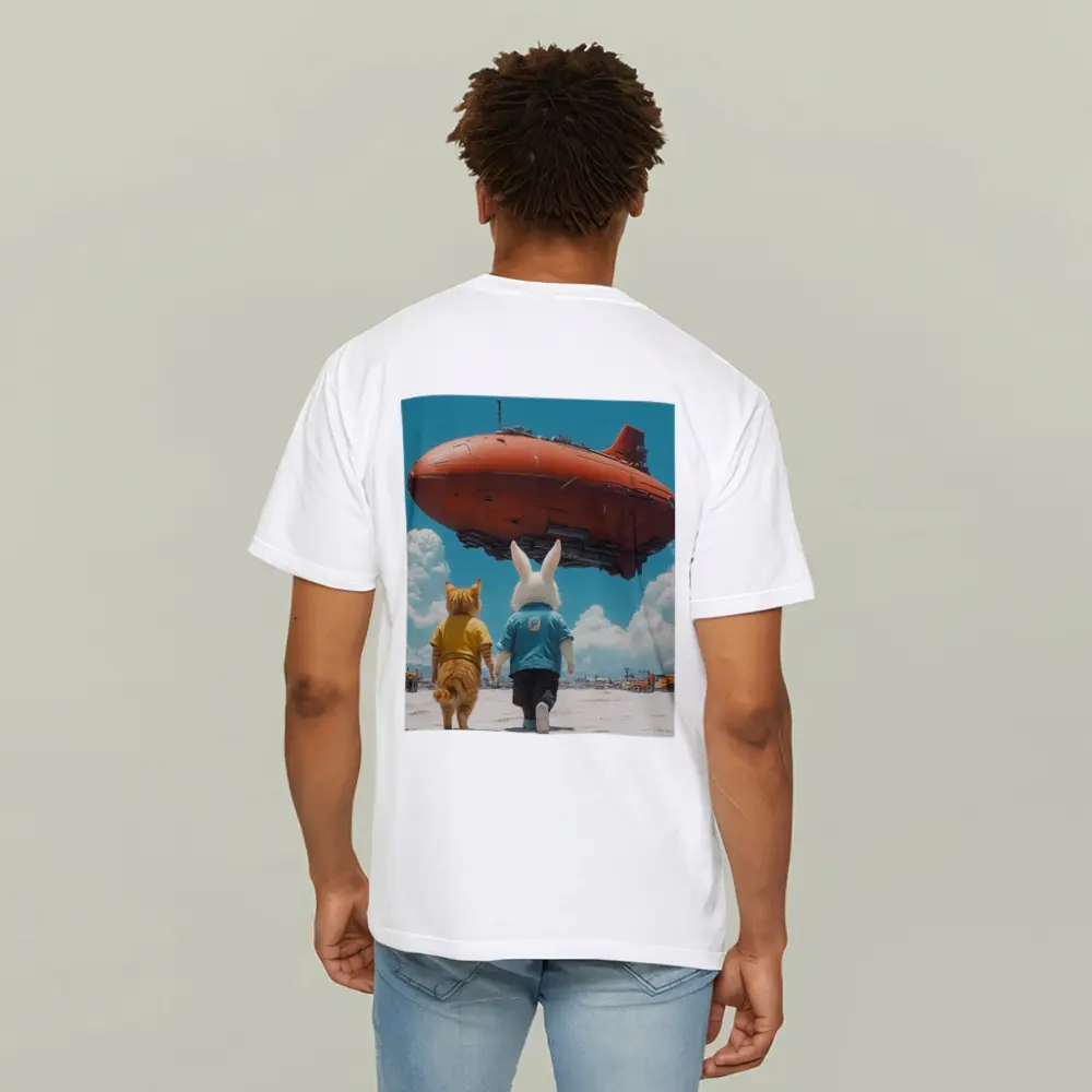 Cat Rabbit Duo Watching Red Airship Sky – T-Shirts