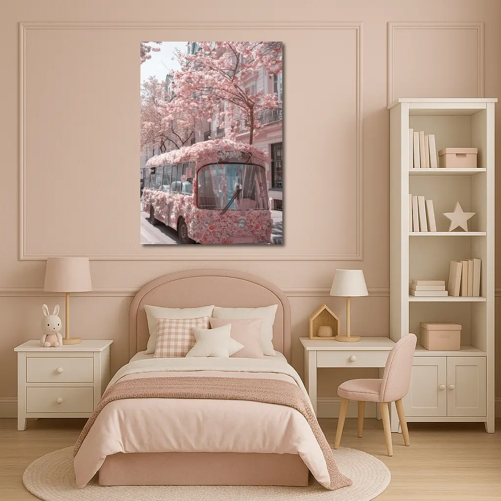 Pink Floral Bus Cherry Blossom Paris Street – Wall Art
