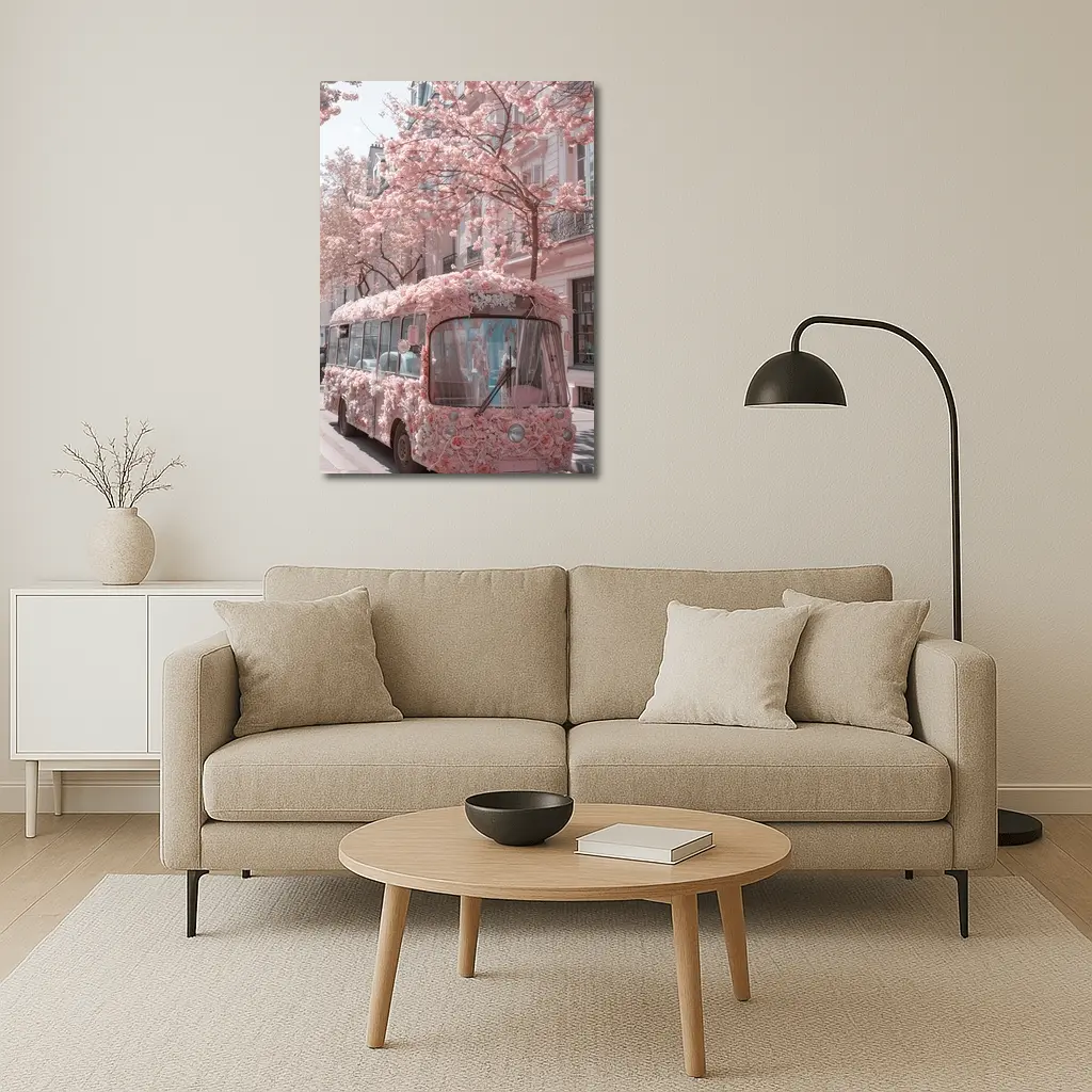 Pink Floral Bus Cherry Blossom Paris Street – Wall Art