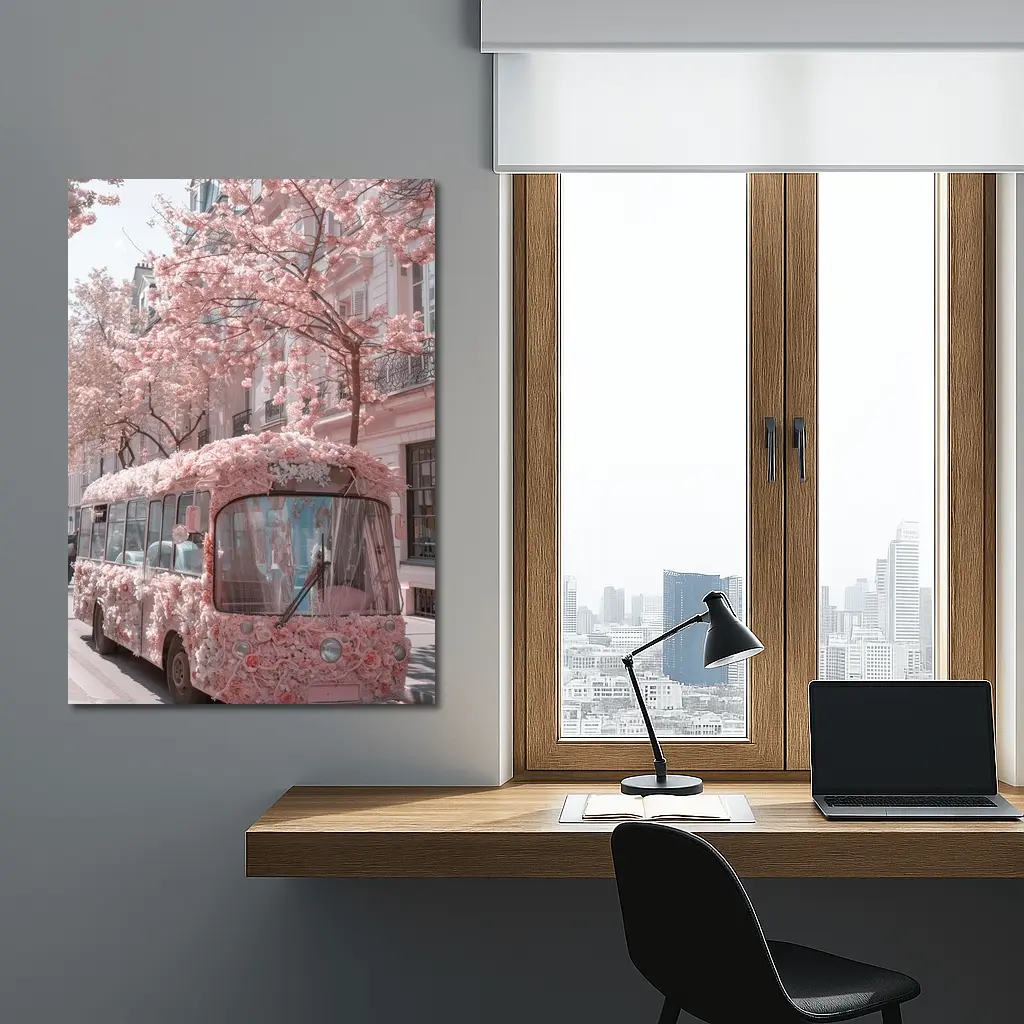 Pink Floral Bus Cherry Blossom Paris Street – Wall Art