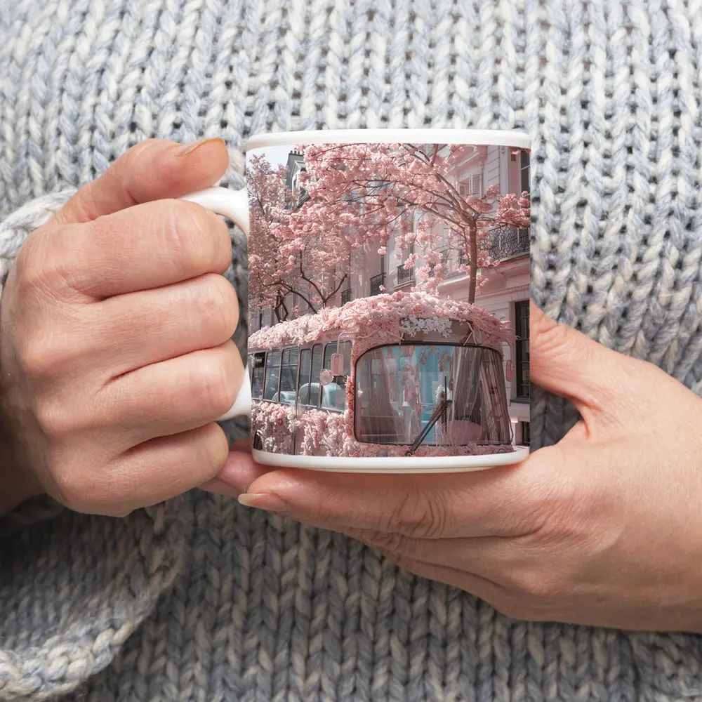 Pink Floral Bus Cherry Blossom Paris Street – Mugs