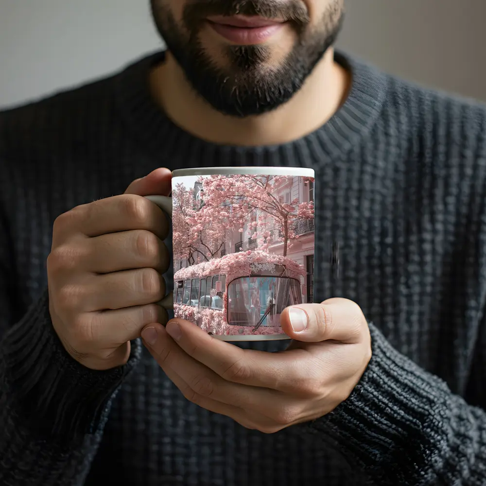 Pink Floral Bus Cherry Blossom Paris Street – Mugs