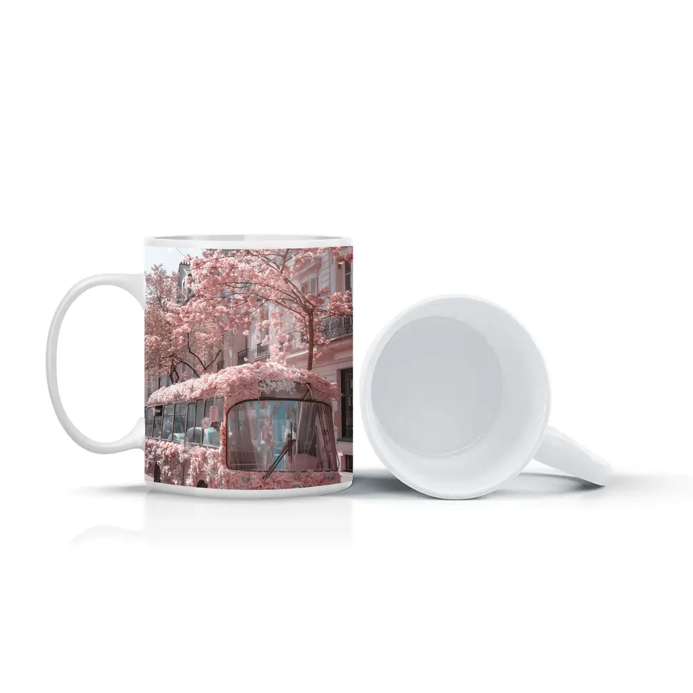 Pink Floral Bus Cherry Blossom Paris Street – Mugs