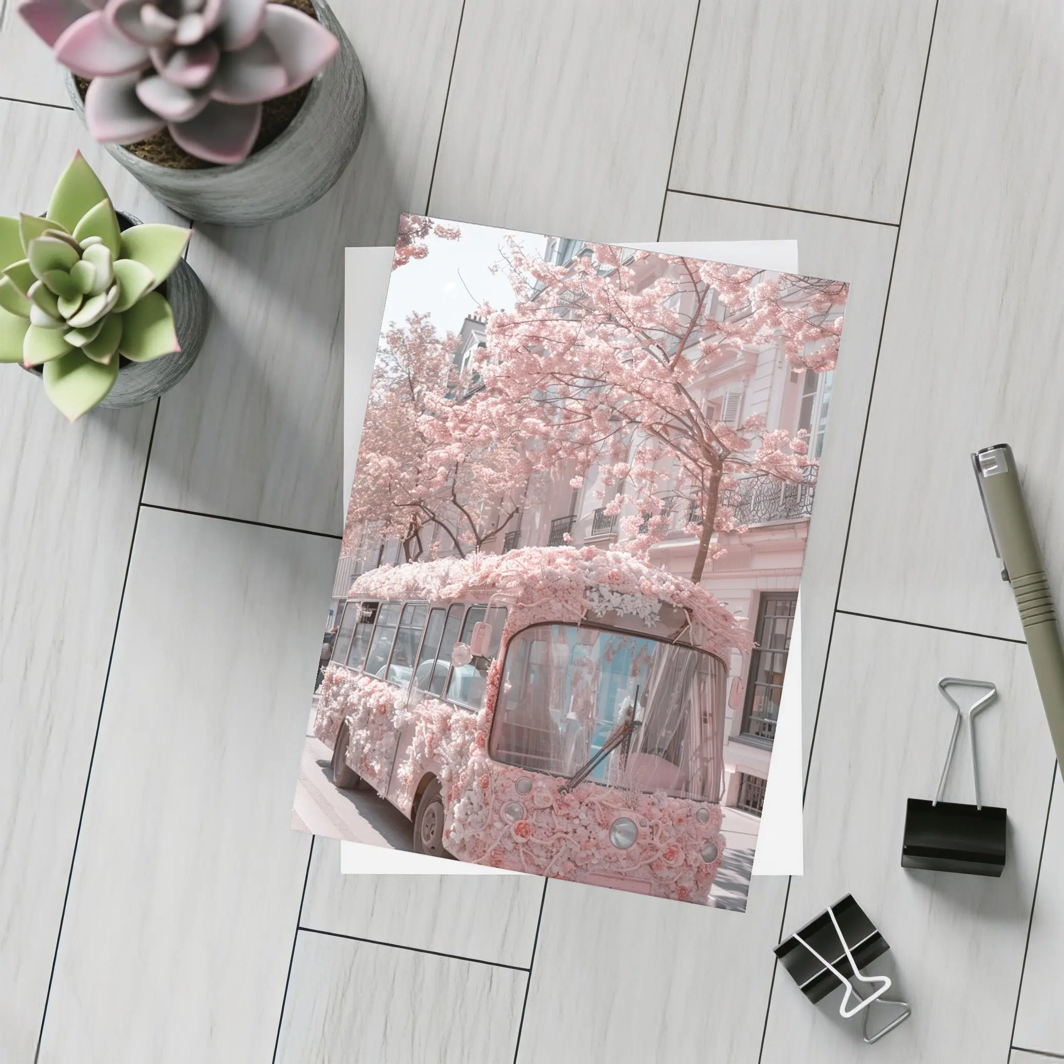 Pink Floral Bus Cherry Blossom Paris Street – Postcards