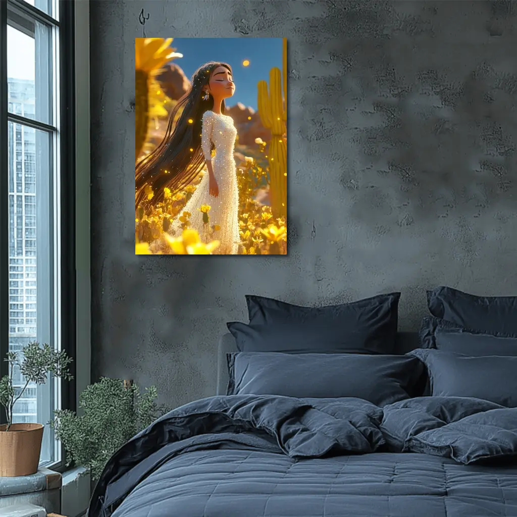 Animated Girl Desert Wildflowers Cactus Blue Sky – Wall Art
