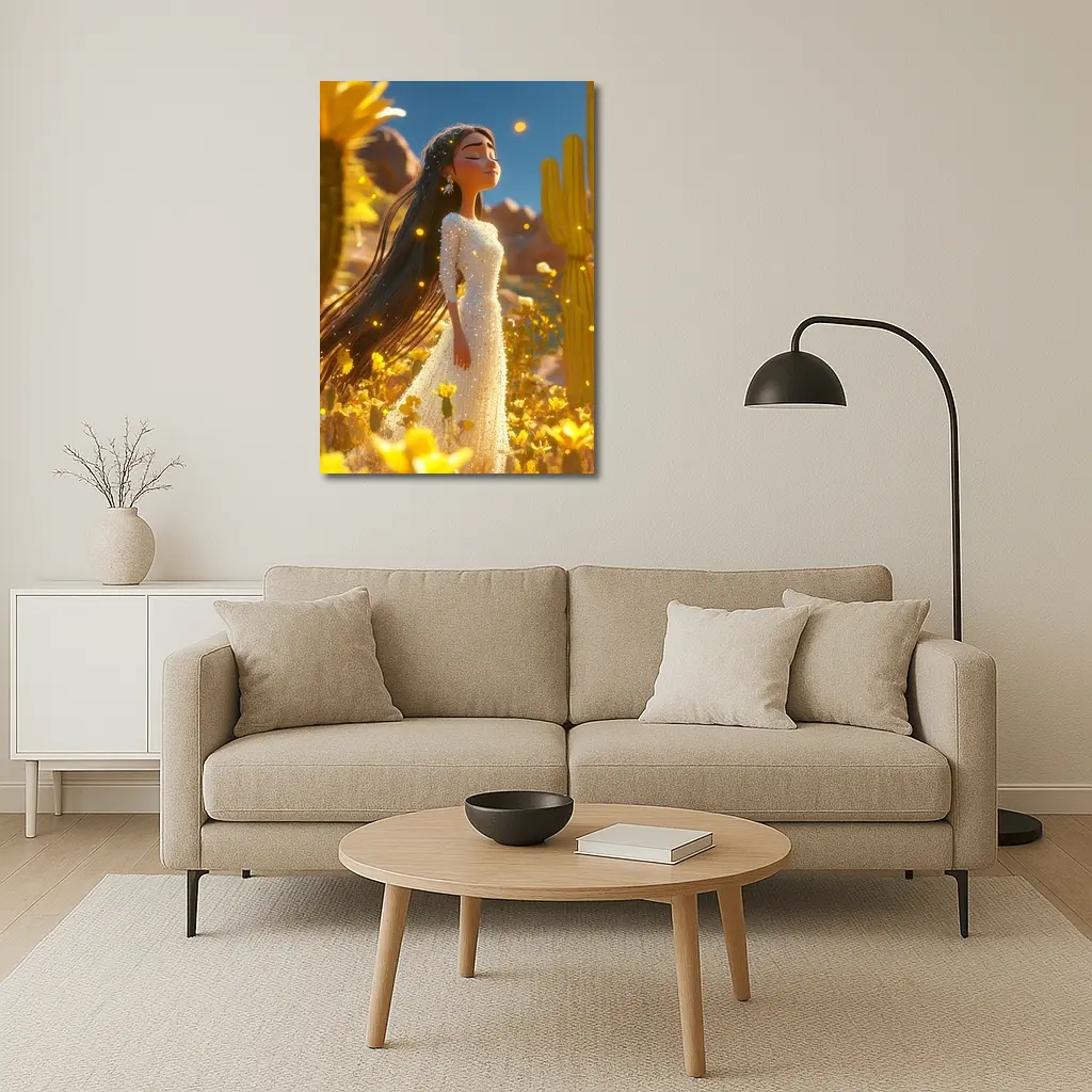 Animated Girl Desert Wildflowers Cactus Blue Sky – Wall Art