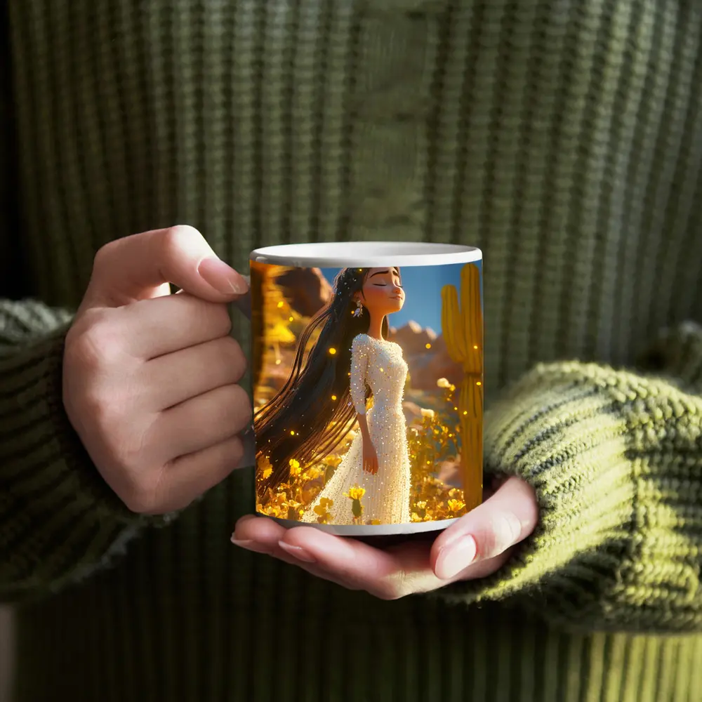 Animated Girl Desert Wildflowers Cactus Blue Sky – Mugs