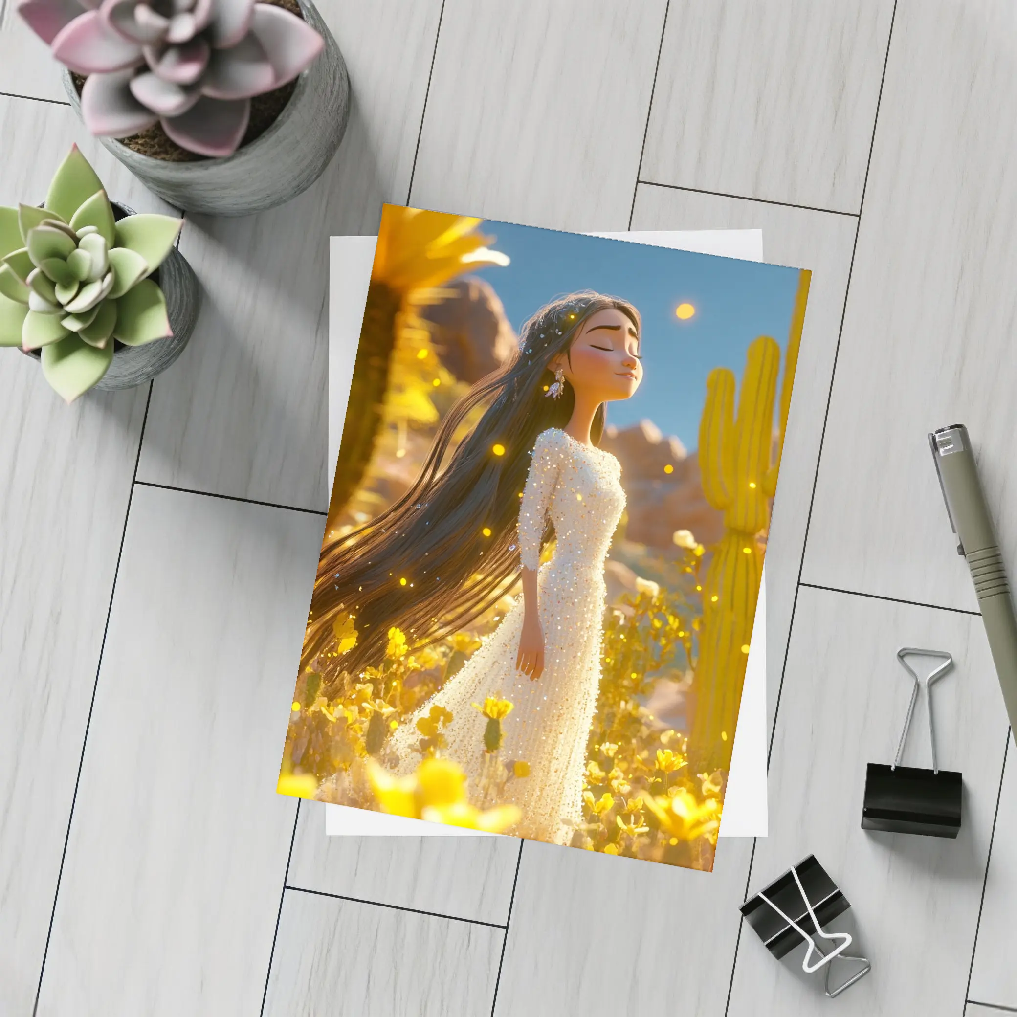 Animated Girl Desert Wildflowers Cactus Blue Sky – Postcards