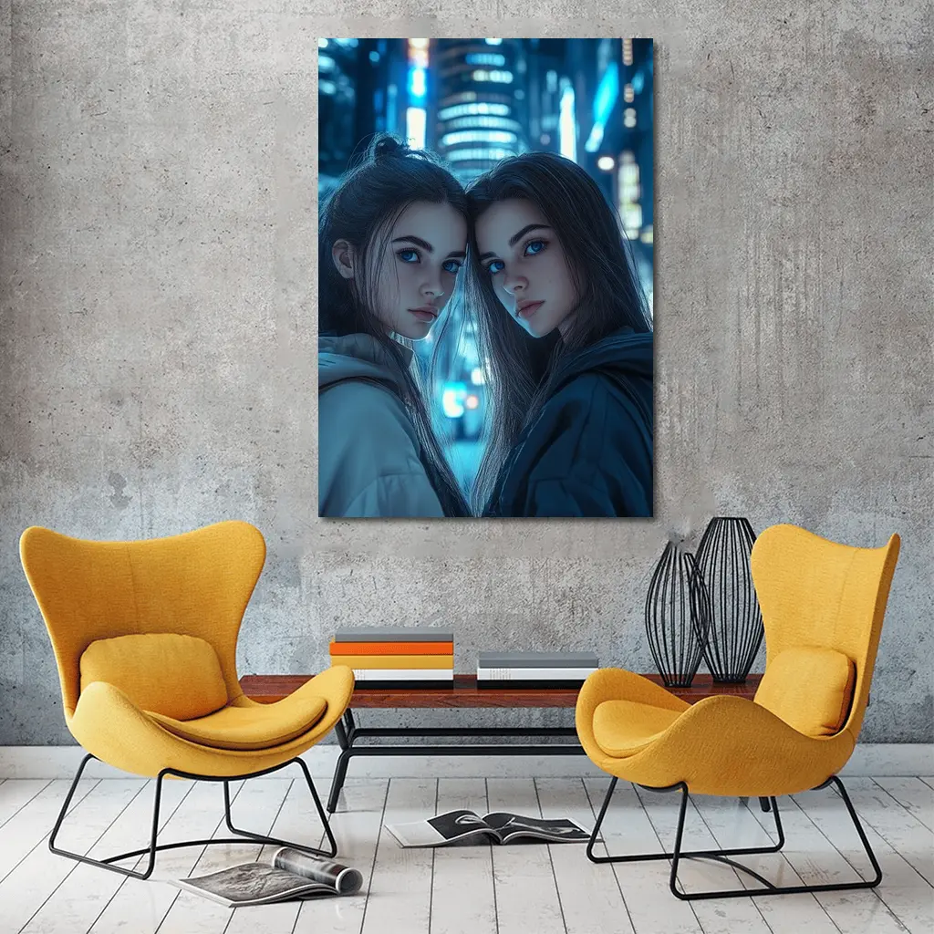 Two Girls Blue Neon City Night – Wall Art