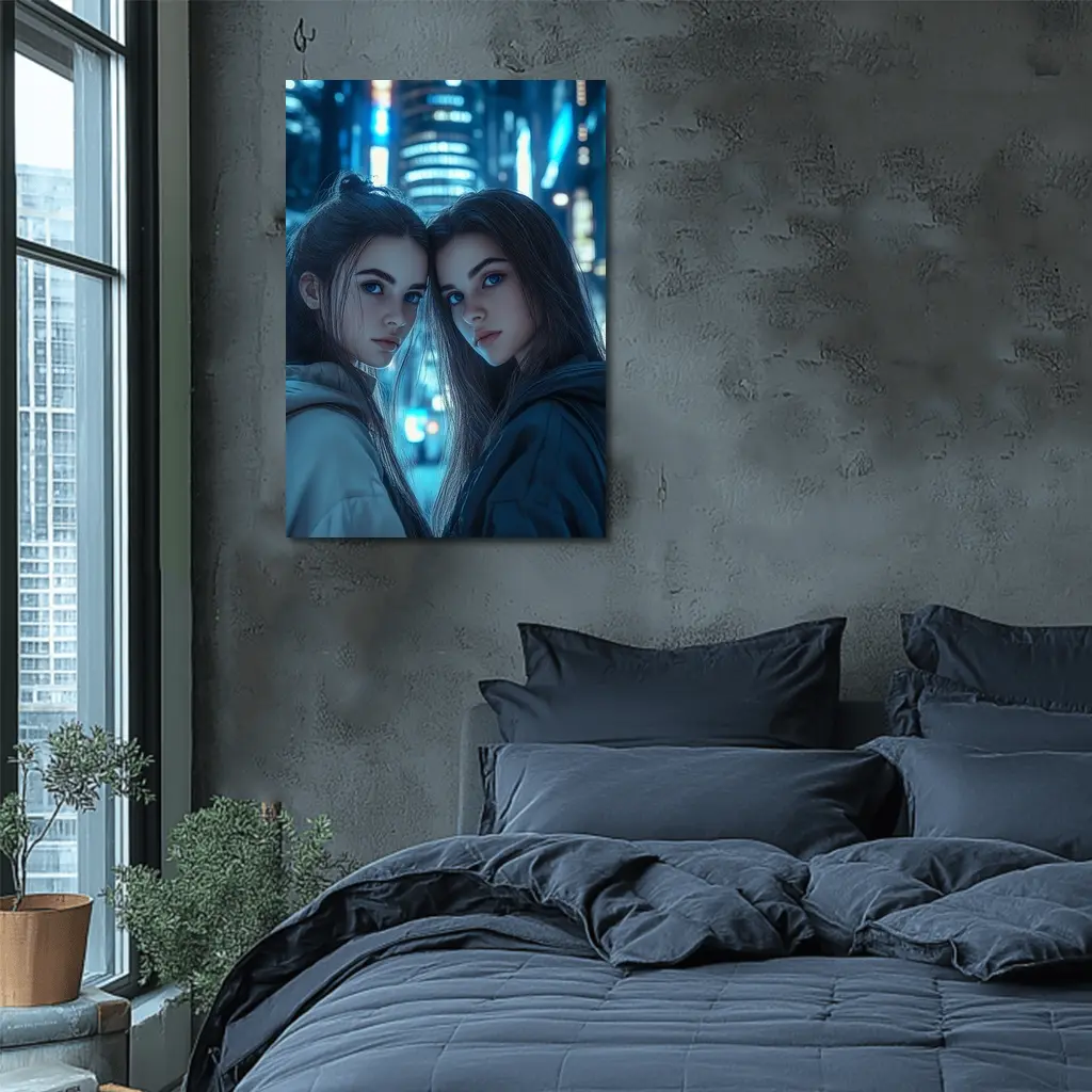 Two Girls Blue Neon City Night – Wall Art