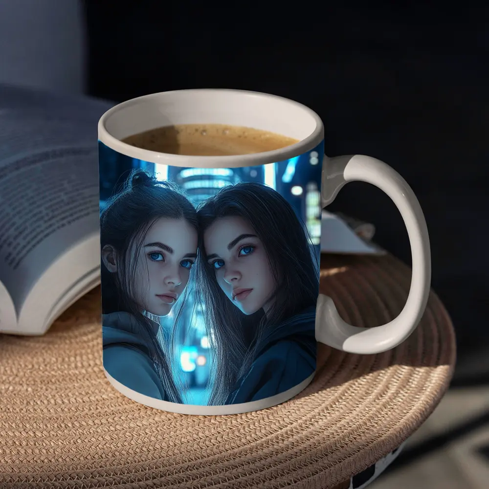 Two Girls Blue Neon City Night – Mugs