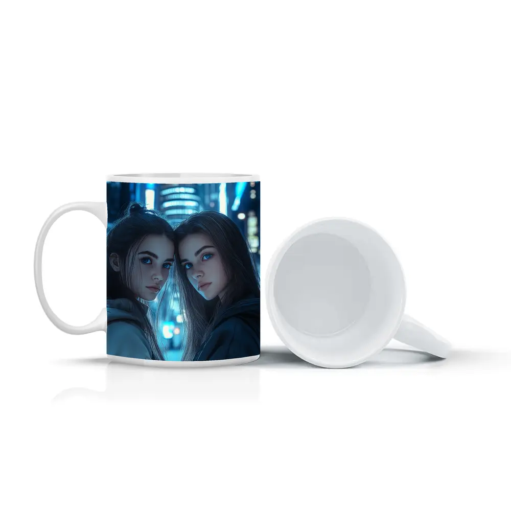 Two Girls Blue Neon City Night – Mugs