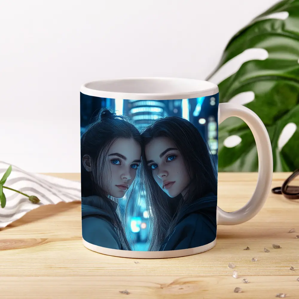 Two Girls Blue Neon City Night – Mugs